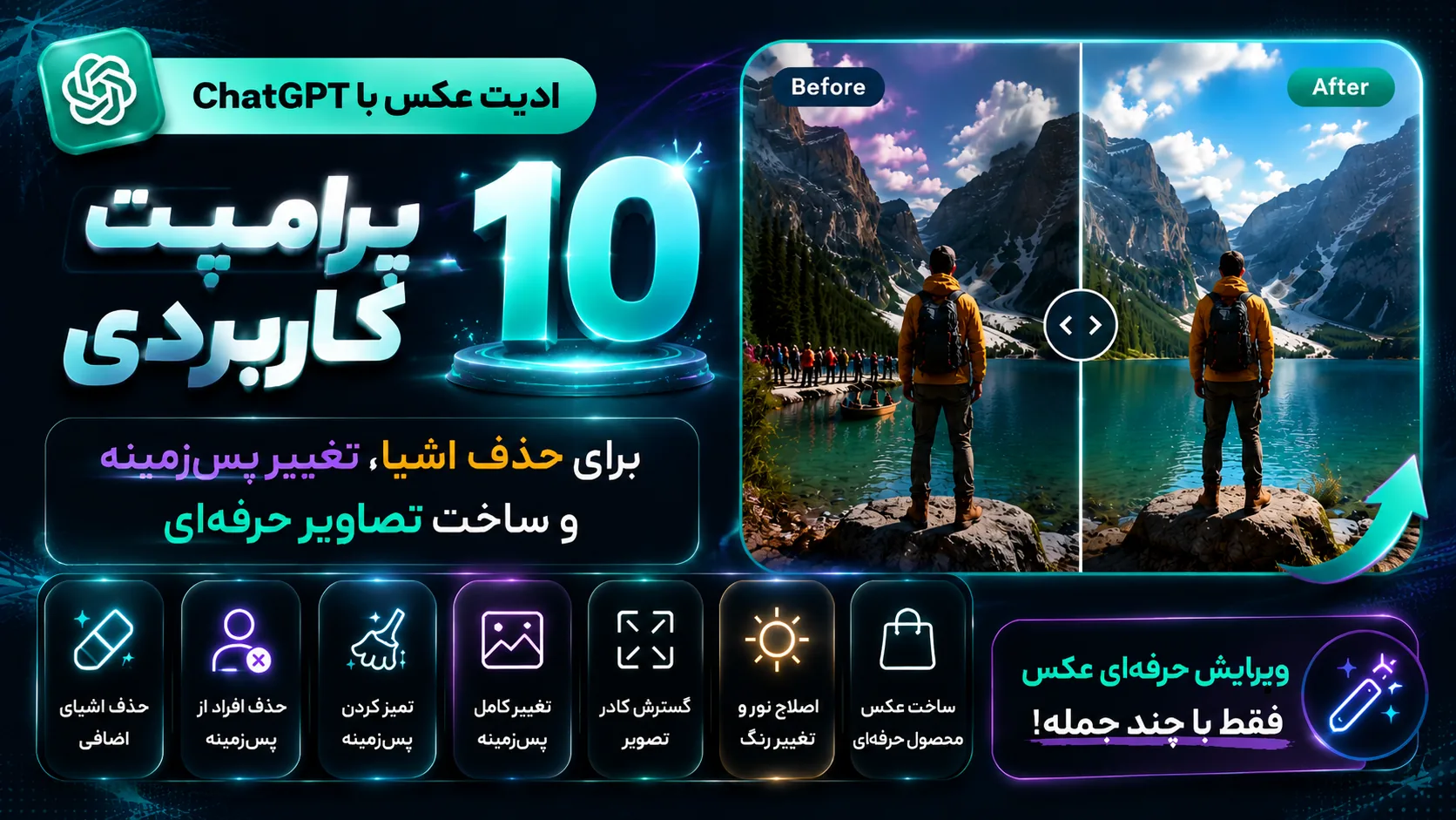 بنر ادیت عکس با ChatGPT؛ ۱۰ پرامپت کاربردی برای حذف اشیا، تغییر پسزمینه و ساخت تصاویر حرفهای
