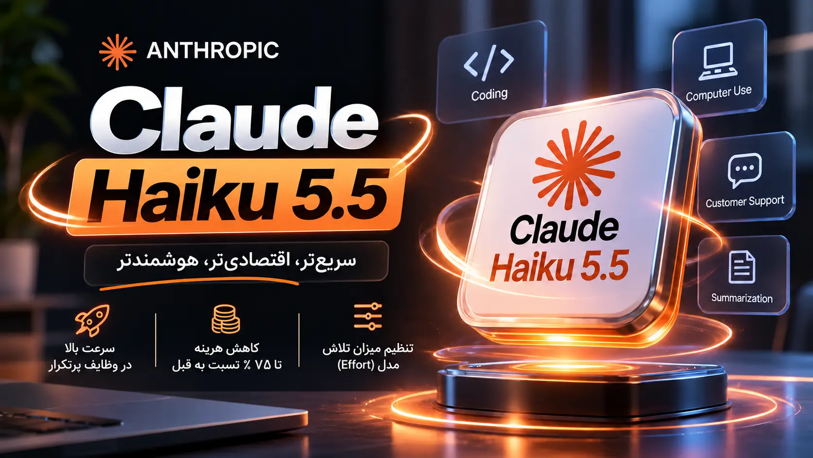 بنر معرفی Claude Haiku 5.5 با لوگوی Anthropic و نمایش قابلیتهای سرعت بالا، کاهش هزینه تا ۷۵ درصد و تنظیم میزان تلاش مدل